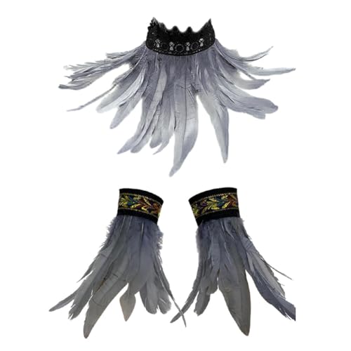 ISAKEN Federumhang mit Feder Manschetten, Gothic Feder Epauletten Shrug Umhang Damen Herren Feder Umhang Cape Feder Schal Cape Kostüm für Halloween, Karneval, Cosplay, Maskerade, Bühnenshow von ISAKEN