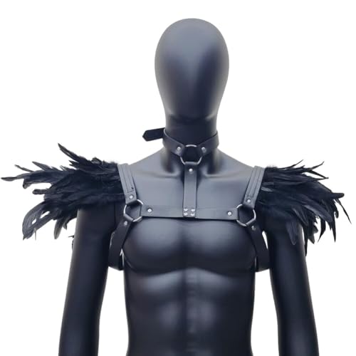 ISAKEN Gothic Feder Epauletten Damen Federschmuck Steampunk Körperkette Body Chain Harness Halskette Herren Feder Schal Federschultern Für Halloween Cosplay Party Performance Model Walk von ISAKEN