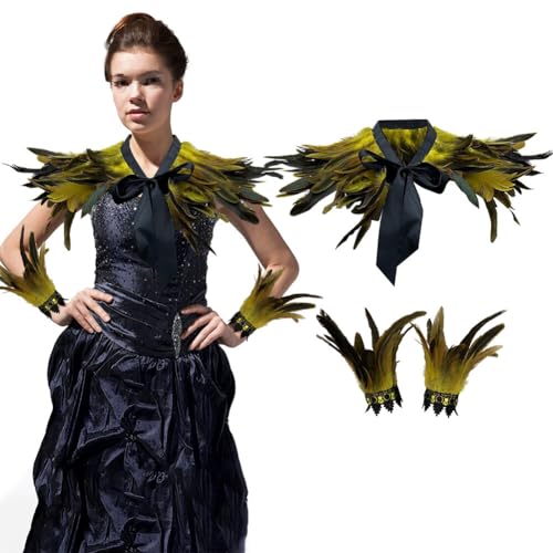 ISAKEN Gothic Federkragen Schwarzer Kostüm Set Damen Maleficent Kostüm mit Feder Handgelenk Manschetten Feder Cape Federrock Pfau Kostüm für Karneval, Cosplay Kostüm, Halloween, Maskerade von ISAKEN