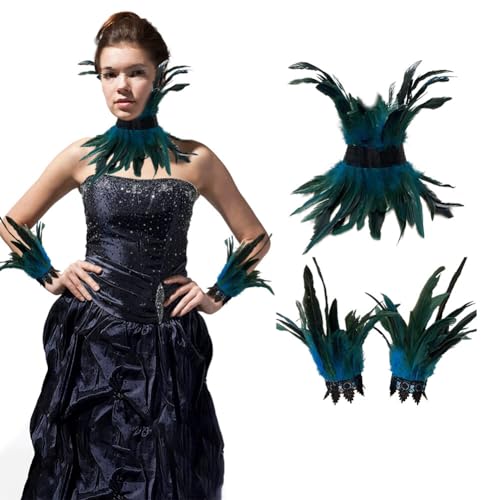 ISAKEN Gothic Federumhang mit Feder Handgelenk Manschetten Damen Schwarzer Federkragen Natürlicher Feder Cape Maleficent Kostüm Federrock Pfau Kostüm für Cosplay Halloween Party von ISAKEN