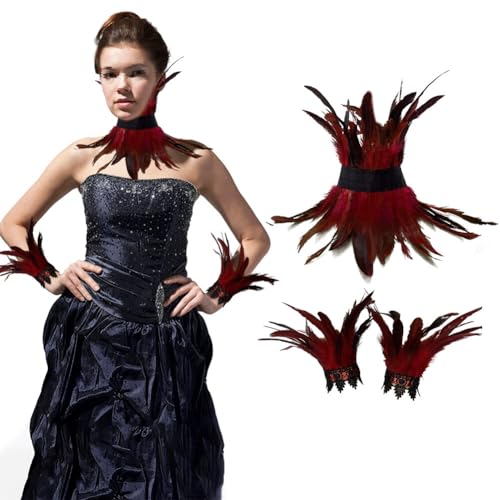 ISAKEN Gothic Federumhang mit Feder Handgelenk Manschetten Damen Schwarzer Federkragen Natürlicher Feder Cape Maleficent Kostüm Federrock Pfau Kostüm für Cosplay Halloween Party von ISAKEN