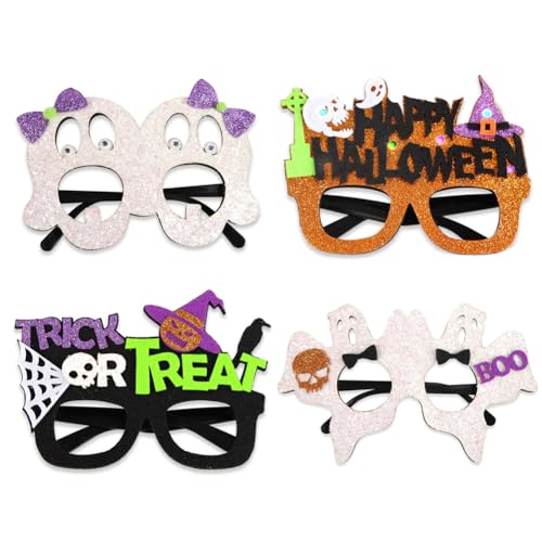 ISAKEN Halloween Brille, 4 Stück Lustige Halloween Party Dekorations Brille Halloweenbrillen mit Fledermaus Totenkopf Buchstaben Skelettbrillen für Erwachsene und Kinder von ISAKEN