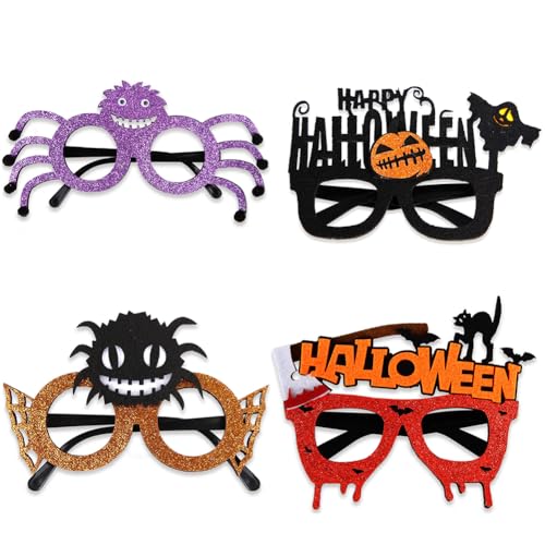 ISAKEN Halloween Brille, 4 Stück Lustige Halloween Party Dekorations Brille Halloweenbrillen mit Fledermaus Totenkopf Buchstaben Skelettbrillen für Erwachsene und Kinder von ISAKEN