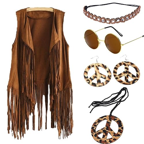 ISAKEN Hippie Kostüm Damen Set 60er 70er Jahre Frauen Hippie Kostüm Set Fransen ärmellos Weste Hippie Kleidung Disco Outfit Braun Fransenweste Damen Hippie Bolero Karneval Faschingskostüme von ISAKEN