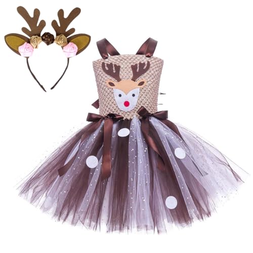 ISAKEN Hirsch Glitzer Tüllkleid, Kinder Mädchen Pailletten Tüll Rock Baby Mädchen Ärmellos Partykleid Kinder Cosplay Kleid Glitzer Tüllrock für Fasching Karneval Outfit Set von ISAKEN