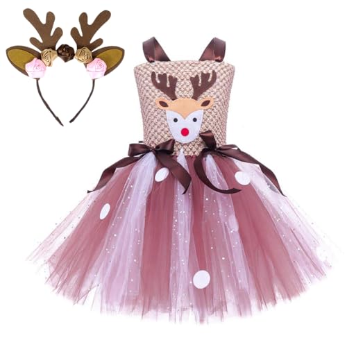 ISAKEN Hirsch Glitzer Tüllkleid, Kinder Mädchen Pailletten Tüll Rock Baby Mädchen Ärmellos Partykleid Kinder Cosplay Kleid Glitzer Tüllrock für Fasching Karneval Outfit Set von ISAKEN