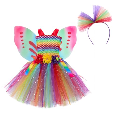 ISAKEN Regenbogen Glitzer Tüllkleid, Baby Geburtstagskleid Festkleid Pailletten Tütü Tüllkleid Festival Performance Kleid Glitzer Tüllrock für Fasching Karneval Outfit Set von ISAKEN