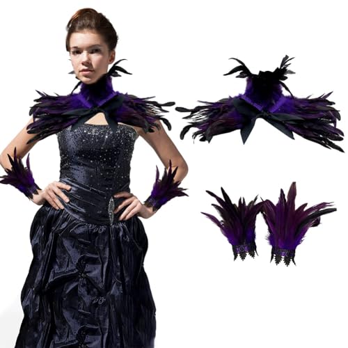 ISAKEN Schwarzer Federkragen Kostüm Set Damen Maleficent Kostüm Set mit Feder Handgelenk Manschetten Gothic Feder Cape Federrock Pfau Kostüm für Karneval, Cosplay Kostüm, Halloween, Maskerade von ISAKEN