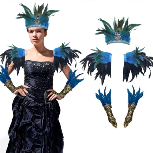 ISAKEN Schwarzer Federkragen Kostüm Set mit Feder Handgelenk Manschetten und Haarband Damen Maleficent Kostüm Set Gothic Feder Cape Kostüm für Karneval, Cosplay Kostüm, Halloween, Maskerade von ISAKEN