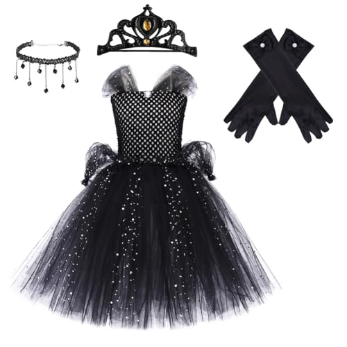 ISAKEN Schwarzer Glitzer Tüllkleid, Hexe Langer Rock Cosplay Makeup Partykleid Halloween cosplay Kleid Mädchen Prinzessin Kostüm für Fasching Karneval Outfit Set von ISAKEN