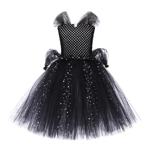 ISAKEN Schwarzer Glitzer Tüllkleid, Hexe Langer Rock Cosplay Makeup Partykleid Halloween cosplay Kleid Mädchen Prinzessin Kostüm für Fasching Karneval Outfit Set von ISAKEN