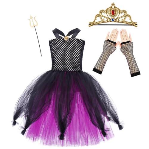 ISAKEN Schwarzes lila Tüllkleid, Mädchen Layered Tüllrock Halloween cosplay Kostüm mit Accessoires Mädchen Ärmellos Partykleid für Weihnachten Rollenspiel Make up Party von ISAKEN