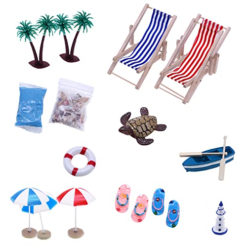 ISKAEN Miniatur Strandstuhl Strand-Mikrolandschaft Miniliegestuhl Strandkorb Kleine Palme Deko Accessoires Puppenhaus Zubehör Miniatur Möbel Dekoration Ornament Set für DIY Garten Puppenhausdekoration von ISAKEN