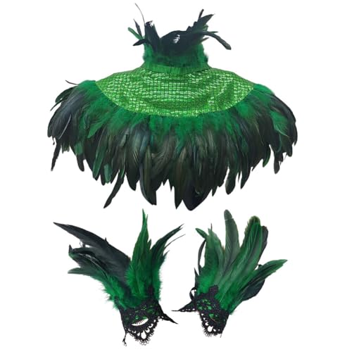 ISKAEN Schwarzer Federumhang Kostüm mit Feder-Manschetten Maleficent Kostüm Damen Gothic Federrock Pfau Kostüm für Damen, Karneval, Cosplay Kostüm, Halloween, Maskerade von ISAKEN