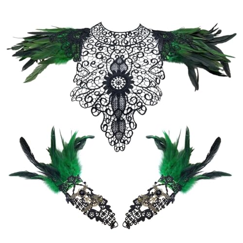 ISKAEN Schwarzer Federumhang Maleficent Kostüm mit Feder Handgelenk Manschetten Floral Lace Feder Achselzucken Schal Federrock Pfau Kostüm für Damen, Halloween Maskerade Cosplay Kostüm von ISAKEN