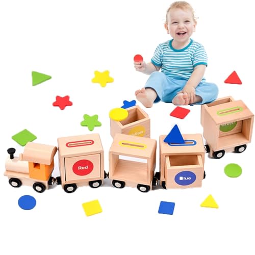 Holzzug mit 4 Waggongs und 16 Bausteinen, Holzeisenbahn Magnetzug Set, Form- und Farbbewusstsein Montessori Holzspielzeug, 46cm lang, Motorikspielzeug für Kinder ab einem Jahr von ISIVOUS