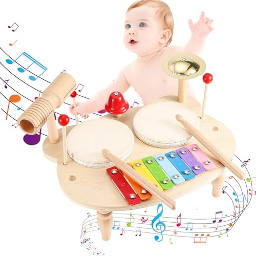 Musikspielzeug aus Holz für Kinder, Kinder Trommel Set, Xylophon für Kinder, 10 in 1 Musikinstrumente, Montessori Spielzeug, Geschenke für 1 2 3 4 5 Mädchen Jungen von ISIVOUS