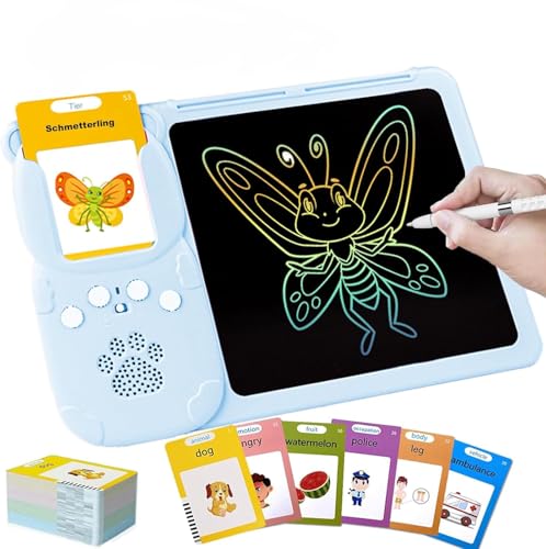 Sprechende Flash-Karten mit LCD Schreibtablett, Englisch/Deutsche Lernkarteikarten für 1-6 Jahre Alt, 255 Blätter 510 Wörter, Lernspielzeug Montessori Interaktive Geschenk für Jungen Mädchen (Blau) von ISIVOUS