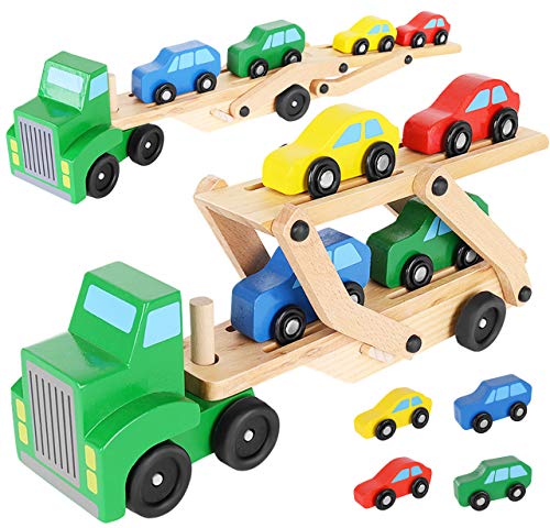 KRUZZEL Iso Trade- Wooden Transporter Toy mit 1 und 4 Cars Kids Carrier Truck 9353, Spielzeugautos und LKWs, Mehrfarbig von KRUZZEL