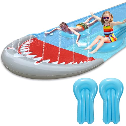 ISOISL Rutschmatte Doppel Wasserrutsche 550 cm L x 145 cm W Rasen-Wasserrutsche mit eingebautem Sprinkler und 2 Rutschboard Wasserspielzeug Kinder für Outdoor Sommer von ISOISL