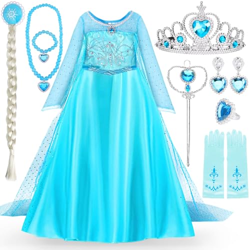 ITMNMNL ELSA Kostüm Kinder ELSA Kostüm Mädchen 11 Set,ELSA Kleid Mädchen mit Krone Diadem Handschuhe Zauberstab Halskette Armband für Weihnachten Verkleidung Karneval Halloween Party - 110cm von ITMNMNL