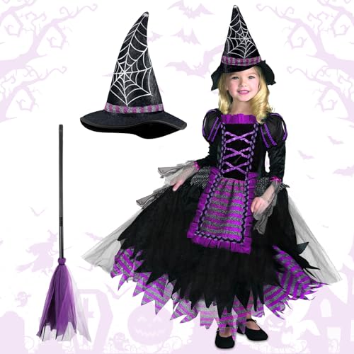 ITMNMNL Hexenkostüm Mädchen, Hexenkostüm Kinder,Kostüm Halloween,Hexen Kostüm Kinder 3 teilig,Mädchen Fasching Cosplay Karneval Party Glitzer mit Hexenhut Hexenbesen Zauberer Kostüm Lila(9-13 Jahren) von ITMNMNL