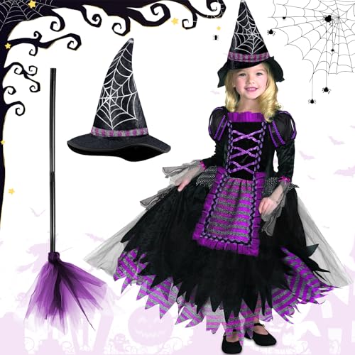 ITMNMNL Hexenkostüm Mädchen,Hexenkostüm Kinder,Kostüm Halloween,Hexen Kostüm Kinder 3 teilig,Mädchen Fasching Cosplay Karneval Party Glitzer mit Hexenhut Hexenbesen Zauberer Kostüm Lila(5-8 Jahren) von ITMNMNL