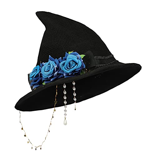 ITODA Hexenhut Halloween Hexenkostüm Lolita Hexenmütze mit Rose Zauberhut Damen Mädchen Spitzmütze mit Schleife Spitzhut Halloween Kostüm Hexen Hut Modisch Hexenaccessoire Fasching Kostümparty von ITODA