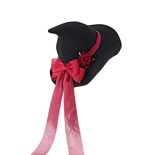 ITODA Hexenhut Modern Hexenmütze Halloween Lolita Kostüm Mädchen Damen Spitzmütze mit Schleife Hexen Hut mit Rose Zauberhut Party Hexenkostüm Modisch Hexenaccessoire Mottoparty Fasching Geschenk von ITODA