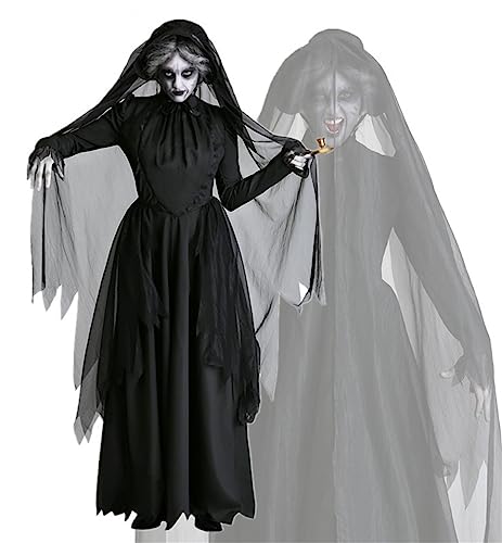 ITODA Hexenkleid Halloween Kleid Damen Viktorianisch Retro Hexenkostüm Gothic Horror Kostümkleid Zombie Braut Halloweenkostüm Nonne Hexe Vampir Maxikleid Mädchen Umhangkostüm Cosplay Party Fasching L von ITODA