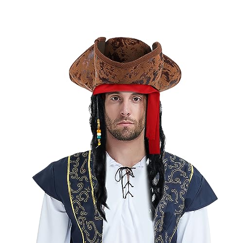 ITODA Karibischer Piratenhut Halloween Piratenkostüm Piraten Kapitän Hut mit Perücke Dreispitzhut Piratin Piratenbraut Mütze mit Perlen Piratenkappe Kinder Erwachsene Kopfbedeckung Cosplay Fasching von ITODA