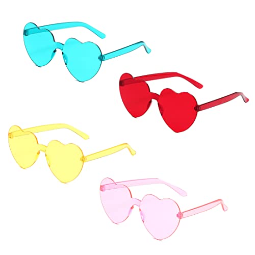 IUDWCG - 4 Pcs Randlose Hippie-Brille in Herzform, klare farbige Sonnenbrille für Geburtstagsfeiern, Scherzpartys, lustige Partybrillen für Erwachsene, Jungen und Mädchen von IUDWCG