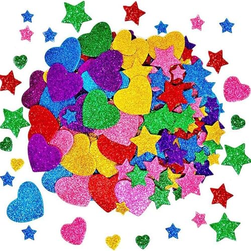 300 Stück Bunte Sterne Herz ,Moosgummi,Glitzer Basteln,Sticker,Aufkleber Kinder,Mädchen,Glitzernde Schaumstoff,Stickers for Kids,Schaumstoffaufkleber,Selbstklebende DIY filz für Party Dekoration von IUHRIE