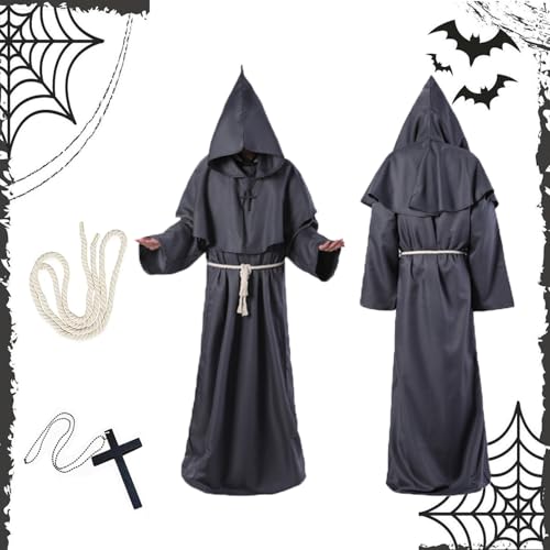 IUKUNNE Mönch Robe Kostüm,Monk Priest Robe Costume with Cross and Cord,Priester Robe Kostüm,Herren Kapuze Mönch Robe,Monk Costume,Priester Robe Kostüm für Halloween,Karneval von IUKUNNE