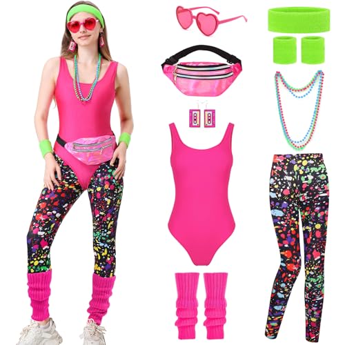 IUTOYYE Damen 80er 90er Jahre Outfit Set Retro Trainingsanzug Kostüm Tank top,Artistic Leggings,Beinwärmer,Stirnband,Armbänder,Brille,Halskette und Ohrring für Karneval Neon Party (Rose Rot, 2XL) von IUTOYYE