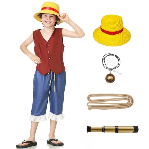 IUTOYYE Anime Cosplay Kostüm Kinder Karneval Rollenspiel Kleidung Zubehör Set Strohhut Geburtstagsgeschenk (Dark Red, 110) von IUTOYYE