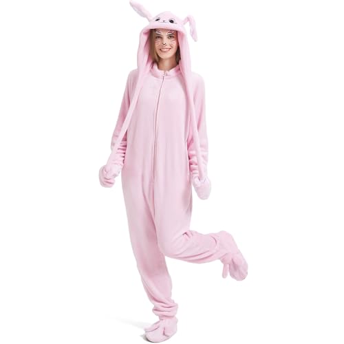 IUTOYYE Kaninchen Onesie für Damen Kaninchen Kostüm Cartoon Pyjama Tier Cosplay Halloween Party Homewear (Rosa, 2XL) von IUTOYYE