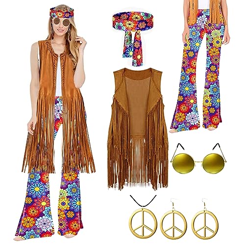 IVEOPPE 60er Jahre Outfit Damen-70er Jahre Bekleidung Damen,Vintage-Kostüme für Themenpartys-Hippie Kleidung Damen Accessoires für Halloween Karneval-70er Jahre Kleider,Bedruckte Kleider für Mädchen. von IVEOPPE