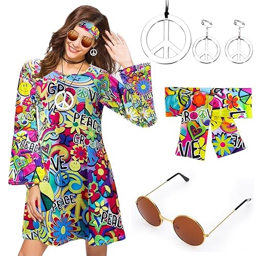 Hippie kostüm Damen 70er Jahre Bekleidung Damen - mit Halskette, Ohrringen, Sonnenbrille, Haarschmuck, 60er Jahre Outfit Damen, Party-Kostüm, Disco-Kostüm, Retro Kleid für Karneval Party Halloween von IVEOPPE