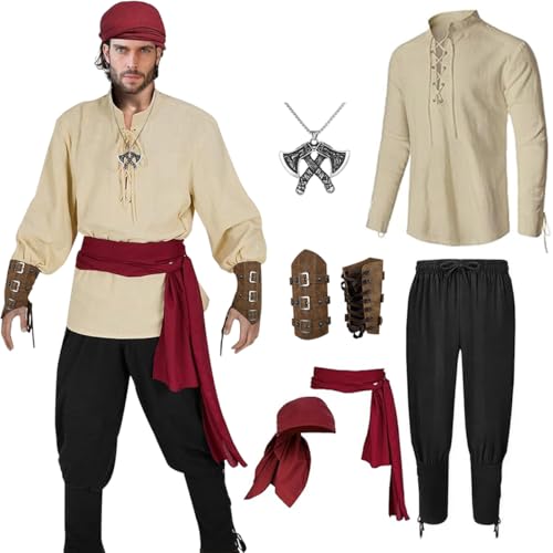 Mittelalter Kleidung Herren Set - Renaissance Kostüm, Piratenkostüm Herren, Mittelalterliches Piratenhemd Hose Kopfschmuck Gürtel Handgelenkschützer Halsketten, für Partys Karneval Halloween (L) von IVEOPPE