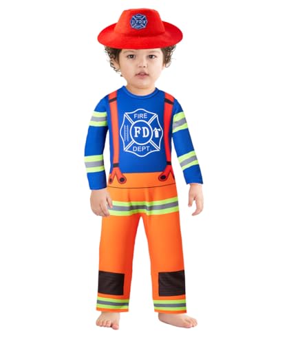 IWALUE Feuerwehrmann-Kostüm für Babys, Jungen, Halloween, Feuerwehrmann, Verkleidung, Party mit Hut (Blau, 9–12 Monate) von IWALUE