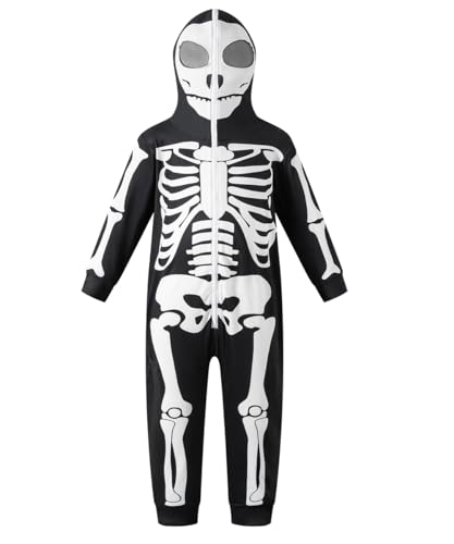 IWALUE Halloween-Skelett-Kostüm, Jumpsuit, langärmelig, Kapuzenpullover für Kinder, Uni, Schwarz, 7–8 Jahre von IWALUE