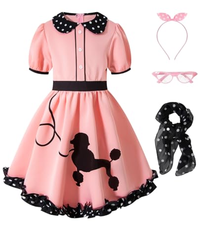 IWALUE Kinder Mädchen 50er Jahre Pudel Kleid 1950er Jahre Halloween Kostüm Rock Set (Rosa, 4–5 Jahre) von IWALUE