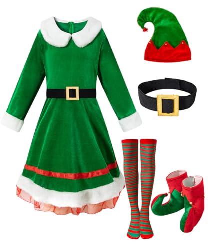 IWALUE Kinderkostüm für Mädchen, Elfen, Weihnachtskleid, Cosplay-Outfit, Kleid mit Hut, Gürtel, Socken, Schuhe (grün, 7–8 Jahre) von IWALUE