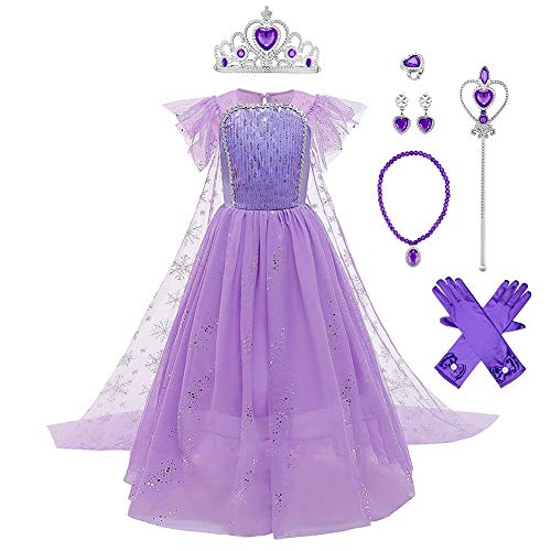 IWEMEK 7tlg Mädchen Eiskönigin ELSA Kostüm Schneekönigin Prinzessin Kleid mit Umhang + Zubehör Weihnachten Halloween Fest Karneval Fasching Verkleidung Party Kostüme Outfits Kinder Violett Set 4-5J von IWEMEK