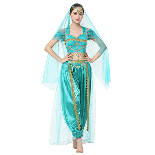 IWEMEK Frauen Aladdin Kostüm Erwachsene Arabisch Jasmin Prinzessin Kostüm Set Oberteile und Hosen mit Kopfbedeckung Märchen Halloween Karneval Kostüme Party Outfits Blau L von IWEMEK