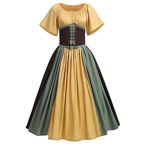 IWEMEK Gothic Kleidung Damen Mittelalter Kleid Lang Renaissance Viktorianisches Kostüm Retro Partykleid Halloween Karneval Vintage Korsettkleid mit ausgestellten Ärmeln braun 3XL von IWEMEK