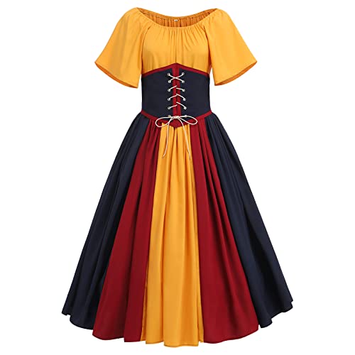 IWEMEK Gothic Kleidung Damen Mittelalter Kleid Lang Renaissance Viktorianisches Kostüm Retro Partykleid Halloween Karneval Vintage Korsettkleid mit ausgestellten Ärmeln gelb 3XL von IWEMEK