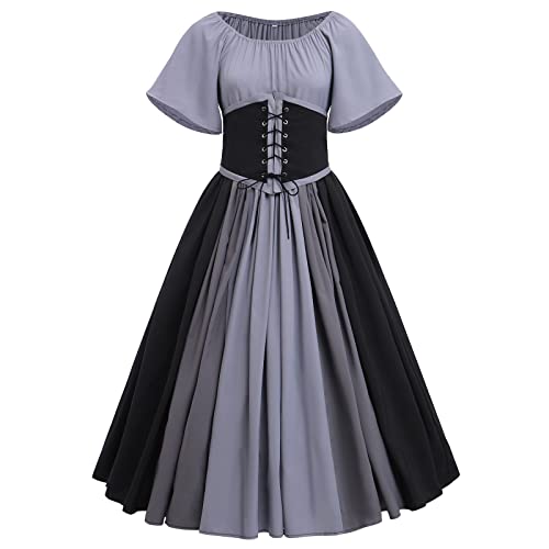 IWEMEK Gothic Kleidung Damen Mittelalter Kleid Lang Renaissance Viktorianisches Kostüm Retro Partykleid Halloween Karneval Vintage Korsettkleid mit ausgestellten Ärmeln grau 4XL von IWEMEK