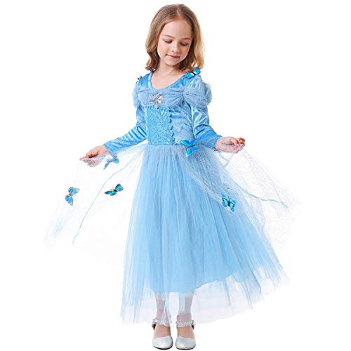 IWEMEK Karneval Mädchen Prinzessin Cinderella Schmetterlinge Maxi Kleid Aschenputtel Kleid Prinzessin Kostüm Schmetterling Mädchen Halloween Weihnachtsmädchen Cosplay Blau 5 Jahre von IWEMEK